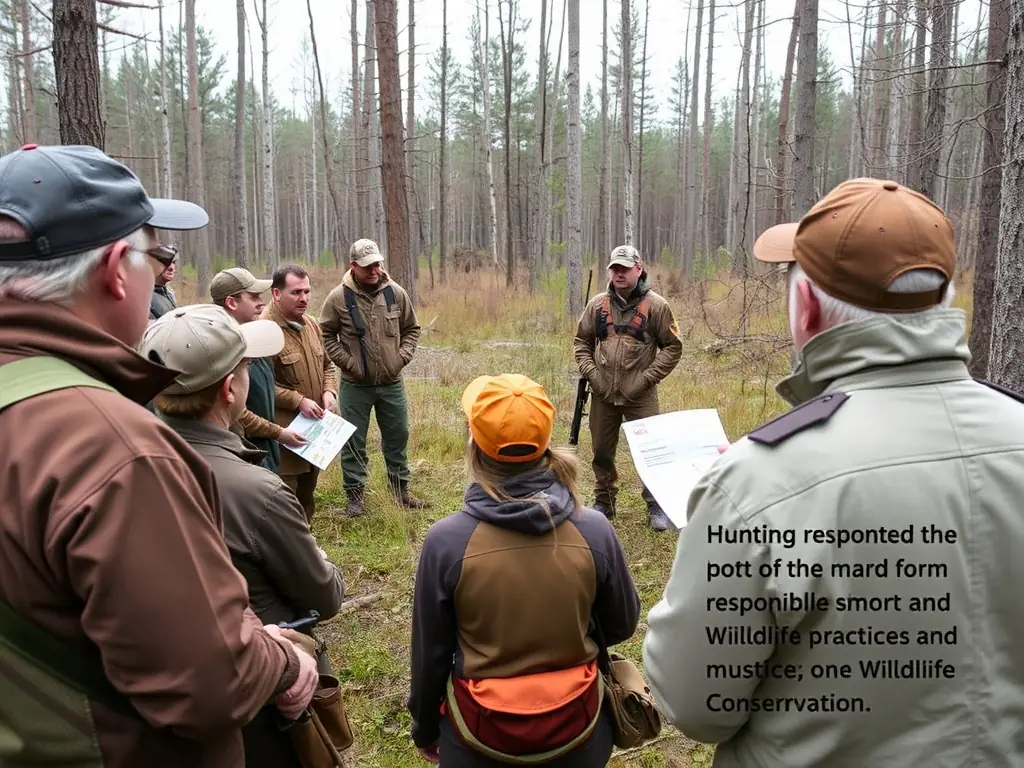 A photograph showcasing a group of hunters from ASSOCIATION COMMUNALE DE CHASSE AGREE DE JUNHAC participating in a training session on ethical hunting practices. The image should highlight the importance of responsible hunting, wildlife conservation, and adherence to ethical guidelines.