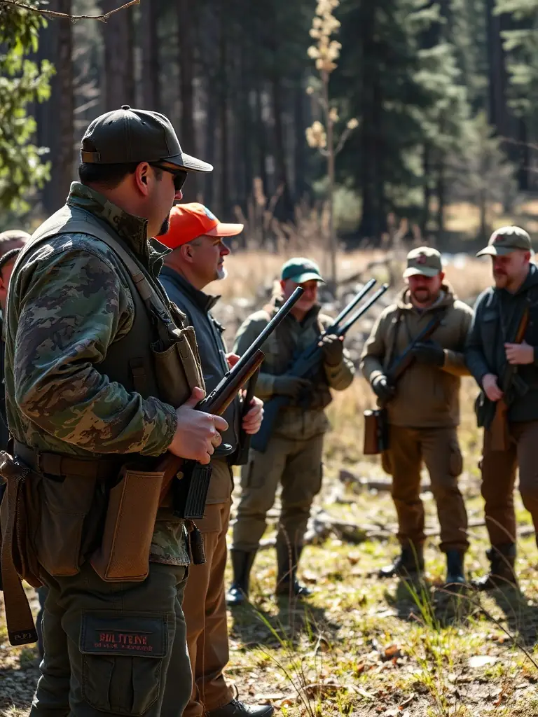A photograph capturing a group of members of ASSOCIATION COMMUNALE DE CHASSE AGREE DE JUNHAC participating in a controlled hunt, emphasizing responsible hunting practices and wildlife management.