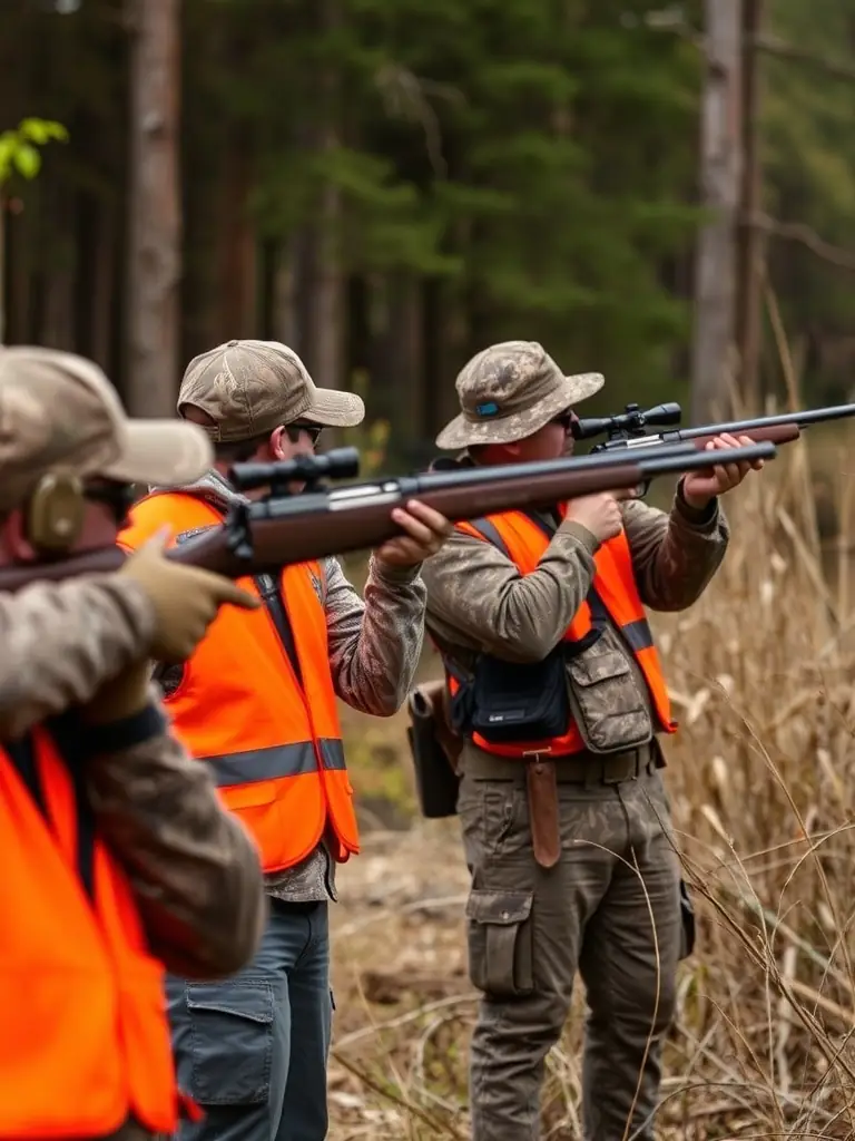A photograph depicting ASSOCIATION COMMUNALE DE CHASSE AGREE DE JUNHAC members participating in a controlled hunting event, adhering to strict ethical guidelines and regulations to manage wildlife populations.