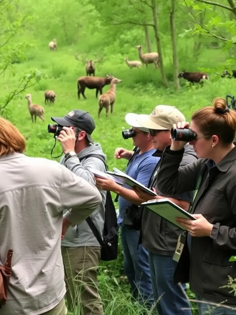 An image showing ASSOCIATION COMMUNALE DE CHASSE AGREE DE JUNHAC members conducting a wildlife population survey, carefully documenting the number and health of various animal species in the area.