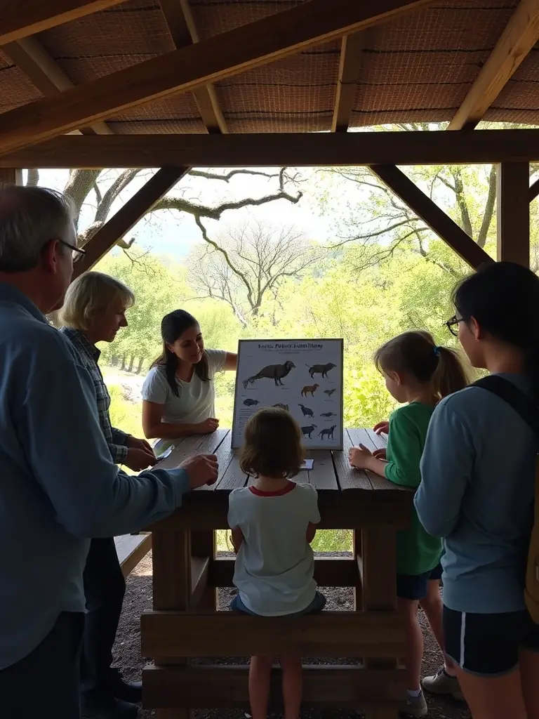 A photograph of ASSOCIATION COMMUNALE DE CHASSE AGREE DE JUNHAC members leading an educational workshop for local youth, teaching them about responsible hunting practices and wildlife conservation.