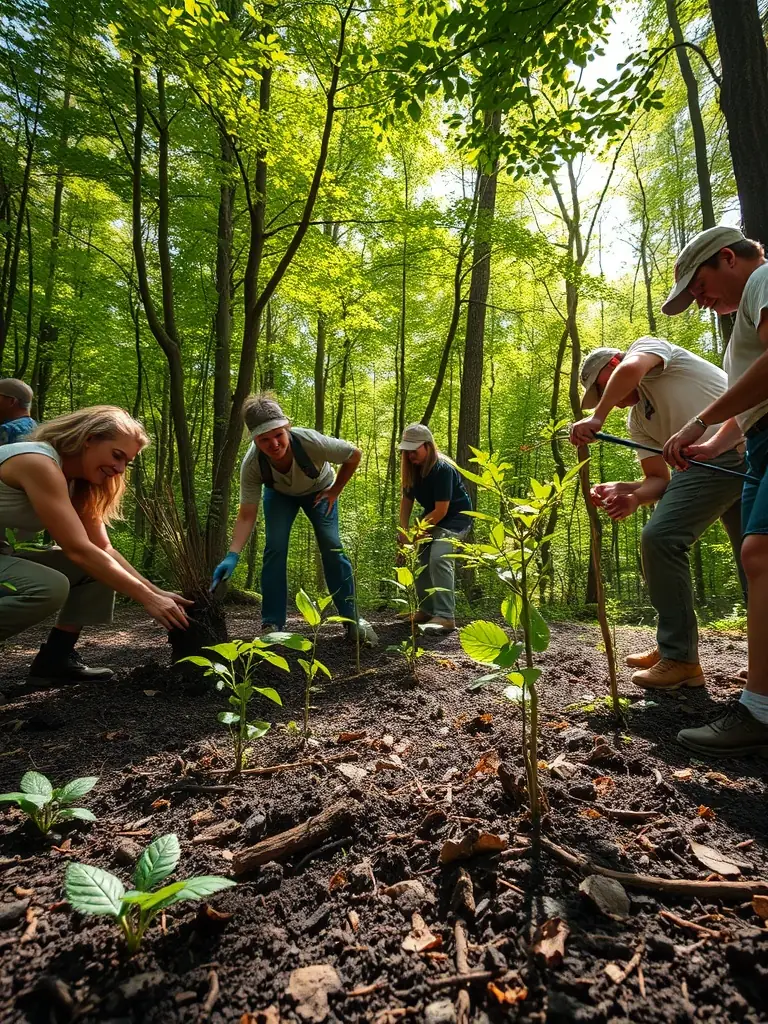 A photograph capturing a group of ASSOCIATION COMMUNALE DE CHASSE AGREE DE JUNHAC members participating in a habitat restoration project, planting native trees and shrubs to enhance biodiversity in a local forest area.