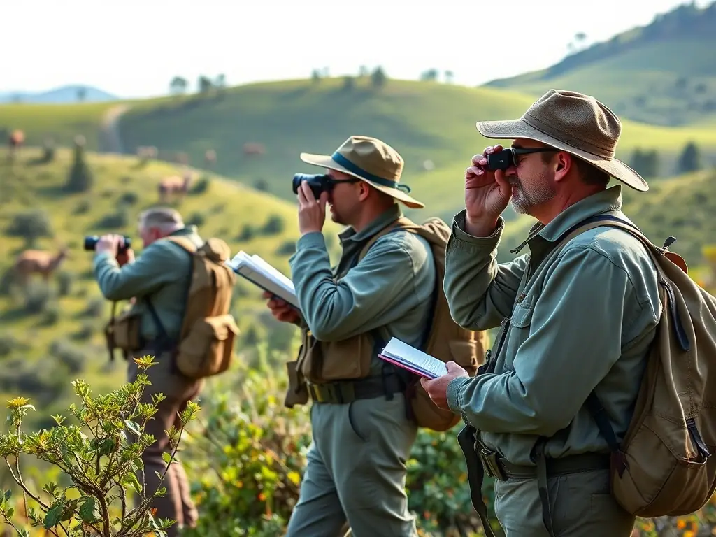 A photograph illustrating ASSOCIATION COMMUNALE DE CHASSE AGREE DE JUNHAC members conducting a wildlife population survey, using binoculars and tracking equipment to monitor species distribution and abundance. The image should convey a sense of scientific rigor, data collection, and commitment to informed decision-making.
