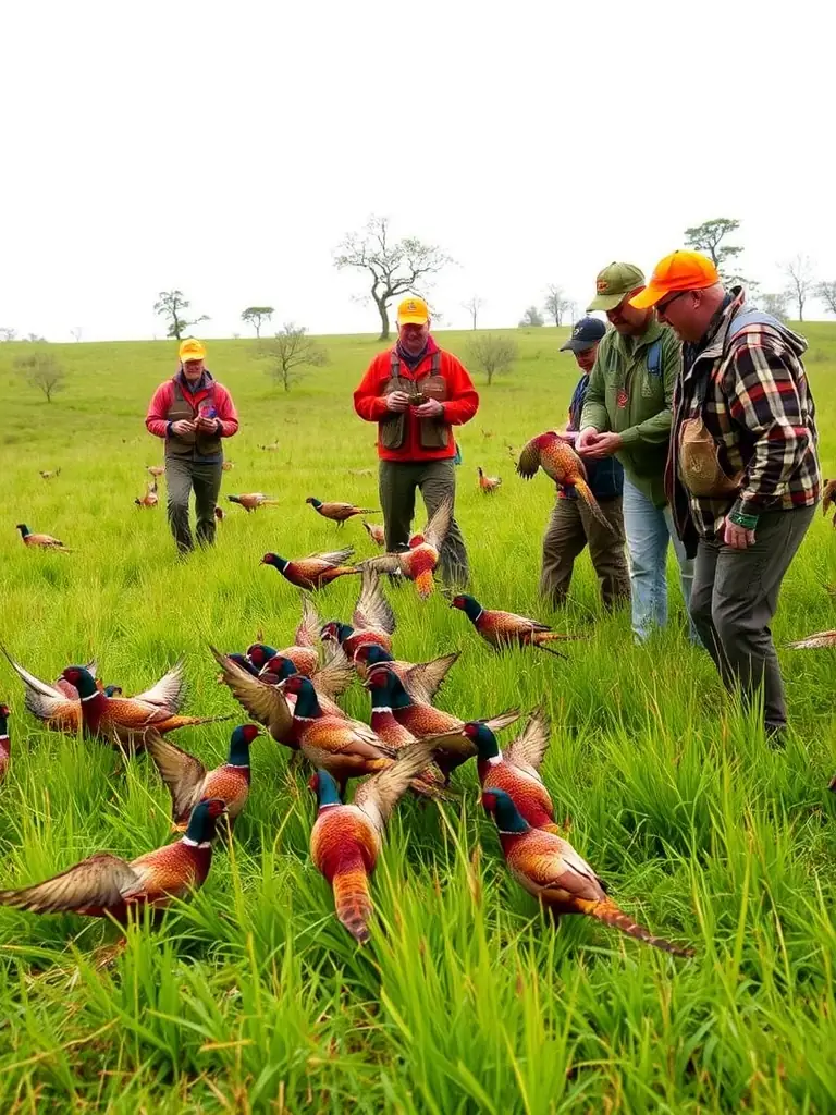 A photo of members of ASSOCIATION COMMUNALE DE CHASSE AGREE DE JUNHAC releasing pheasants into a managed habitat, illustrating efforts to support wildlife population development.