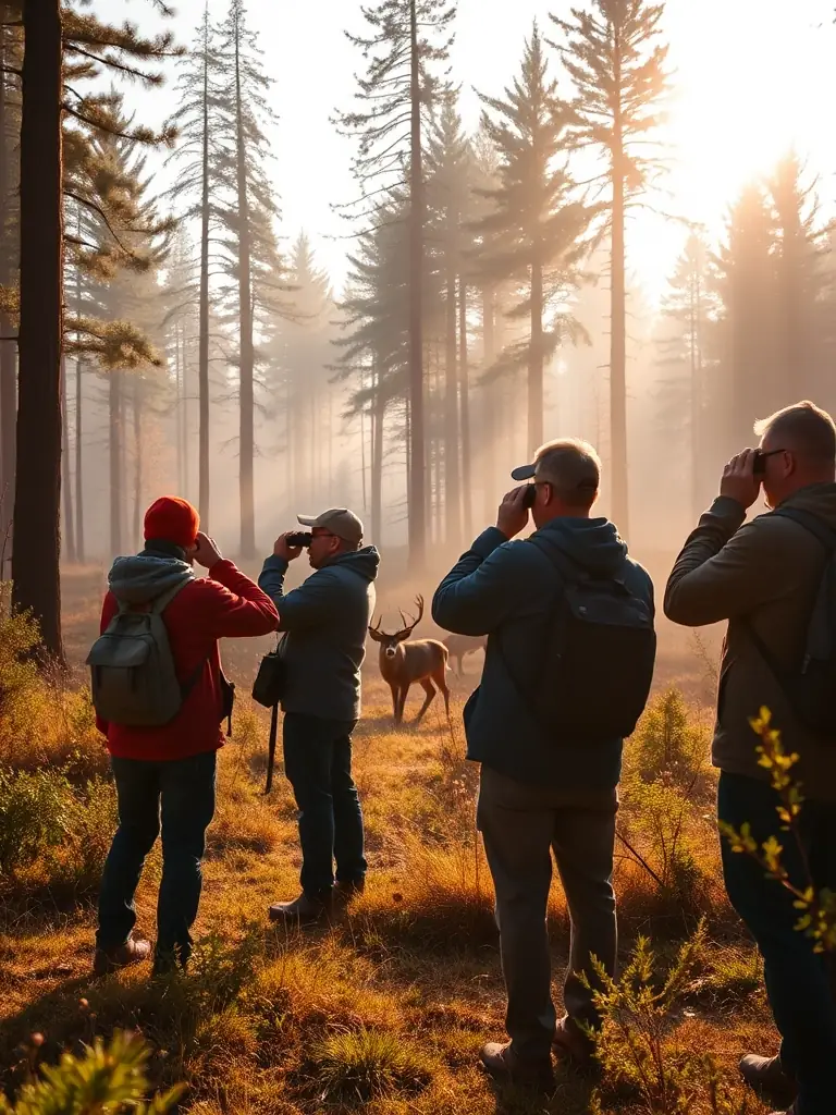 A photograph showing members of the ASSOCIATION COMMUNALE DE CHASSE AGREE DE JUNHAC conducting a wildlife census, carefully observing and recording data on local animal populations in their natural habitat.