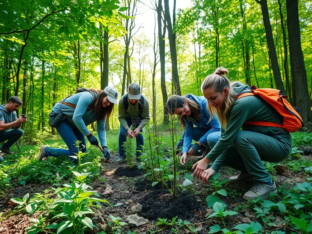 A photograph depicting members of ASSOCIATION COMMUNALE DE CHASSE AGREE DE JUNHAC participating in a habitat restoration project, planting native trees and shrubs in a previously cleared area. The image should convey a sense of teamwork, environmental stewardship, and commitment to preserving natural habitats.