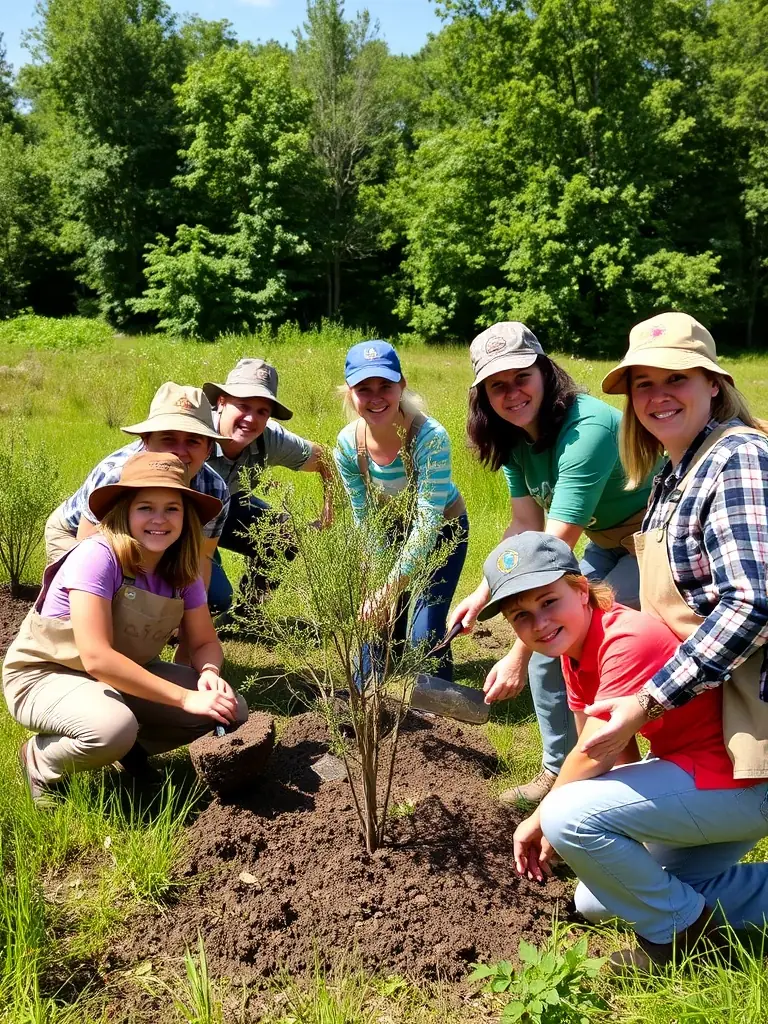 A photograph capturing a group of ASSOCIATION COMMUNALE DE CHASSE AGREE DE JUNHAC members participating in a habitat restoration project, planting native trees and shrubs to improve the local ecosystem for wildlife.