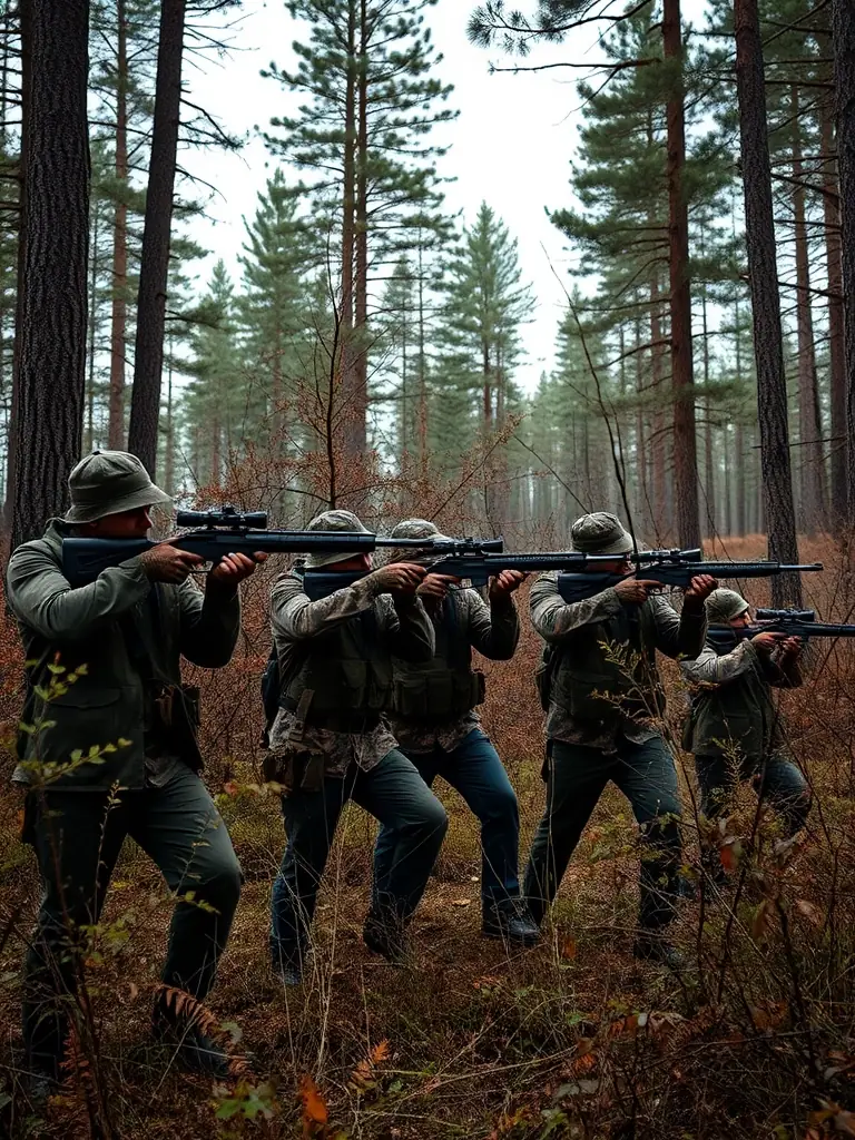 A photograph depicting ASSOCIATION COMMUNALE DE CHASSE AGREE DE JUNHAC members participating in a controlled hunt, emphasizing ethical hunting practices and sustainable wildlife management.